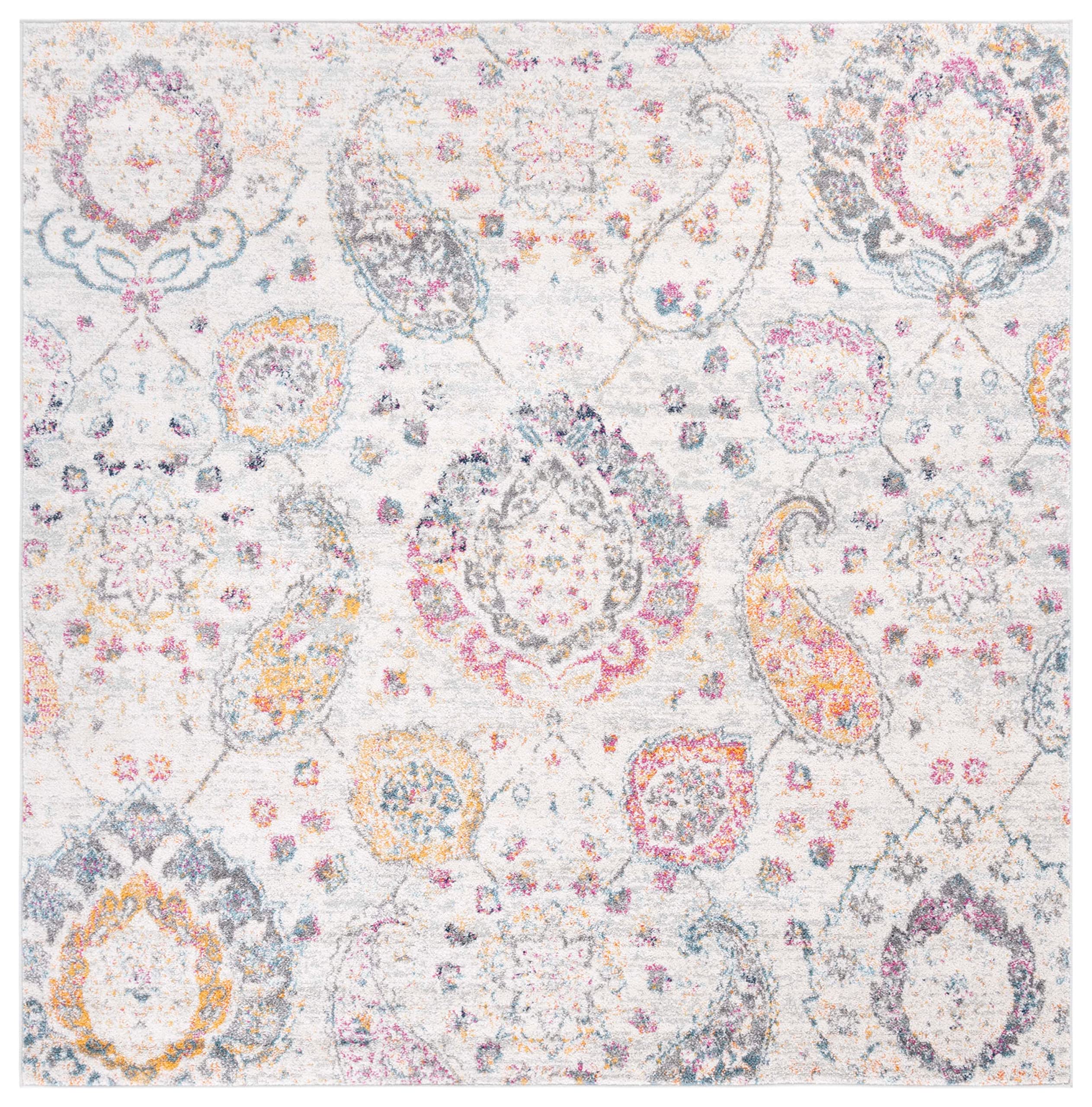 Safavieh Madison Collection Area Rug - 6'7'' Square, Grey & Gold, Boho Chic Glam Paisley Design, Non-Shedding & Easy Care, Ideal